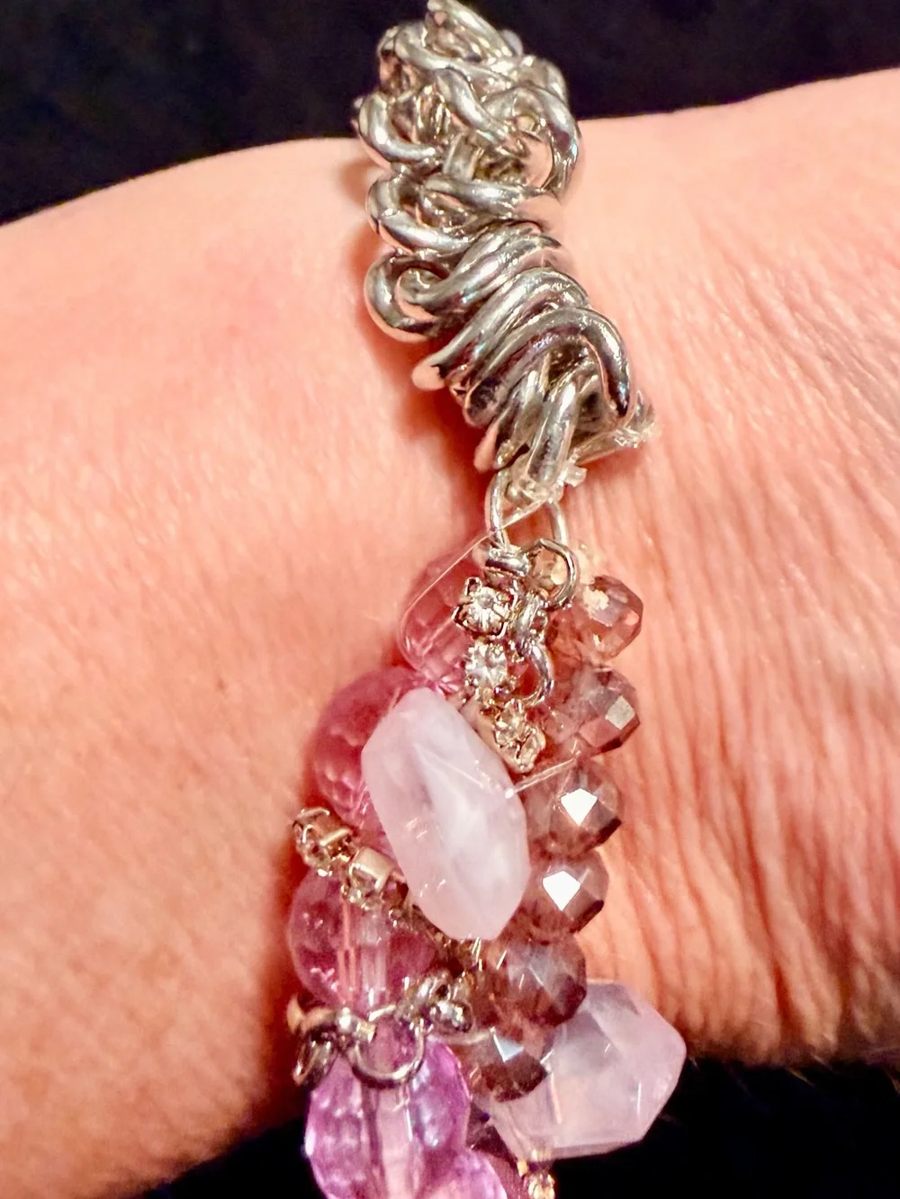 Artisan Pink Crystal Beaded Silver Tone Chainmail Statement Bracelet